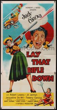 1a495 LAY THAT RIFLE DOWN 3sh '55 great wacky artwork of Judy Canova firing big gun!