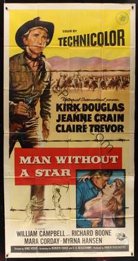 1a525 MAN WITHOUT A STAR style A 3sh '55 art of cowboy Kirk Douglas pointing gun, Jeanne Crain