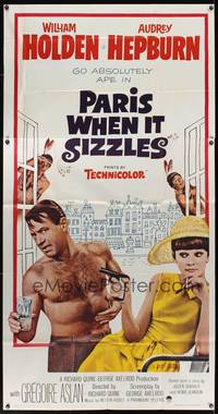 1a564 PARIS WHEN IT SIZZLES 3sh '64 Audrey Hepburn with gun & barechested William Holden in France!