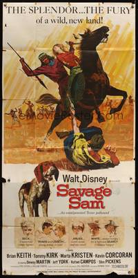 1a609 SAVAGE SAM 3sh '63 Disney, art of boy & dog fighting Native American, Old Yeller sequel!