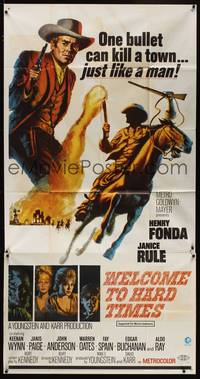 1a685 WELCOME TO HARD TIMES 3sh '67 cool artwork of cowboy Henry Fonda + cast portraits!
