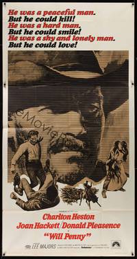 1a690 WILL PENNY 3sh '68 close up of cowboy Charlton Heston, Joan Hackett, Donald Pleasance