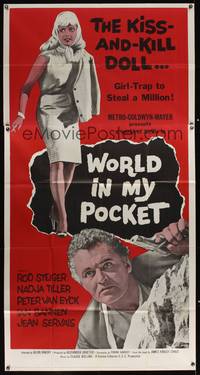 1a695 WORLD IN MY POCKET 3sh '62 Rod Steiger, the kiss & kill doll, girl-trap to steal a million!