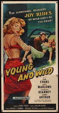 1a697 YOUNG & WILD 3sh '58 artwork of the reckless joy rides of wild girls of the road!