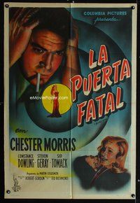 1a059 BLIND SPOT Argentinean '47 art of worried smoking Chester Morris & terrified girl, film noir