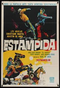 1a101 LA ESTAMPIDA Argentinean '59 cool art of Mexican cowboy Luis Aguilar beating up bad guy!