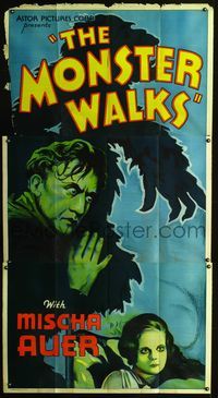 1b052 MONSTER WALKS 3sh R38 cool artwork of crazed Mischa Auer & menacing gorilla silhouette!