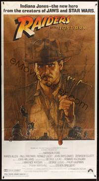 1b057 RAIDERS OF THE LOST ARK 3sh '81 great art of adventurer Harrison Ford by Richard Amsel!