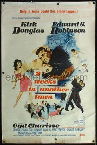 1b222 2 WEEKS IN ANOTHER TOWN 40x60 '62 cool art of Kirk Douglas & sexy Cyd Charisse by Bart Doe!