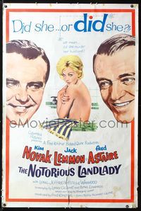 1b289 NOTORIOUS LANDLADY 40x60 '62 art of sexy naked Kim Novak between Jack Lemmon & Fred Astaire!