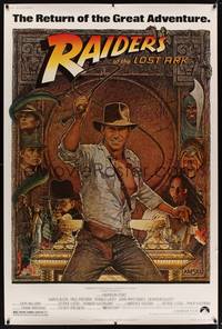 1b298 RAIDERS OF THE LOST ARK 40x60 R82 great art of adventurer Harrison Ford by Richard Amsel!