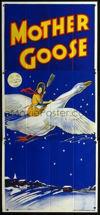 1b101 MOTHER GOOSE stage play English 3sh '30s stone litho art of mom holding broom & riding goose!
