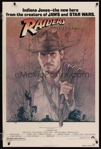 1b218 RAIDERS OF THE LOST ARK 1sh '81 great art of adventurer Harrison Ford by Richard Amsel!