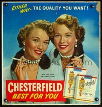 1b018 CHESTERFIELD BEST FOR YOU Corbett Twins standee '50s Jean & Joan Corbett pose w/cigarettes!