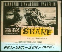 1c110 SHANE glass slide '53 classic image of Alan Ladd & Van Heflin pushing over stump!