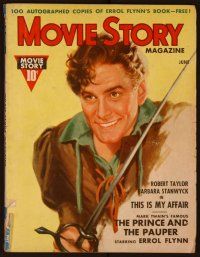 1c062 MOVIE STORY magazine June 1937, great art of Errol Flynn w/sword from Prince and the Pauper!
