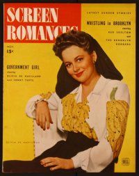 1c059 SCREEN ROMANCES magazine November 1943, portrait of Olivia De Havilland from Government Girl!
