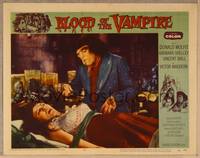 1d196 BLOOD OF THE VAMPIRE LC #6 '58 close up of deformed man leaning over beautiful girl on table!