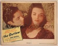 1d430 OUTLAW LC '46 close up of sexy Jane Russell & Jack Buetel laying in hay, Howard Hughes