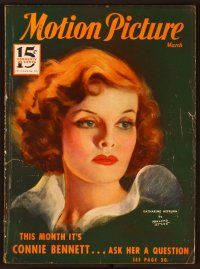 1f042 MOTION PICTURE magazine March 1933, incredible art of Katharine Hepburn by Marland Stone!