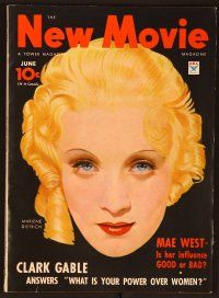 1f036 NEW MOVIE MAGAZINE magazine June 1934, cool art of Marlene Dietrich by Clarke Moore!