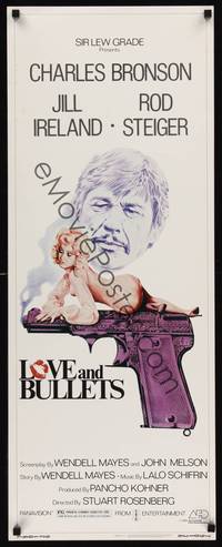 1h359 LOVE & BULLETS insert '79 art of Charles Bronson, sexy Jill Ireland laying on gun!