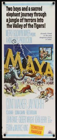 1h388 MAYA insert '66 Clint Walker, cool artwork of stampeding elephants & jungle animals!