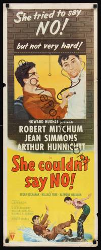 1h517 SHE COULDN'T SAY NO insert '54 sexy short-haired Jean Simmons examines Dr. Robert Mitchum!