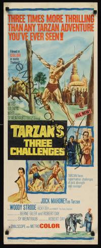 1h572 TARZAN'S THREE CHALLENGES insert '63 Edgar Rice Burroughs, artwork of bound Jock Mahoney!