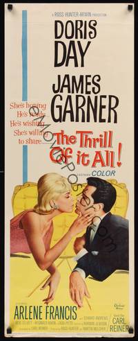 1h593 THRILL OF IT ALL insert '63 wonderful artwork of Doris Day kissing James Garner!