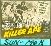1j097 KILLER APE glass slide '53 Weissmuller as Jungle Jim, drug-mad beasts ravage human prey!