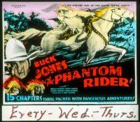1j106 PHANTOM RIDER glass slide '36 different art of masked cowboy Buck Jones on horse, serial!