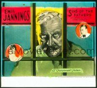 1j118 SINS OF THE FATHERS style B glass slide '28 art of Emil Jannings in jail, 1st Ruth Chatterton!