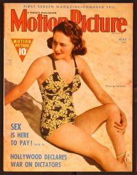 1j047 MOTION PICTURE magazine May 1939 portrait of Olivia De Havilland in bathing suit on beach!
