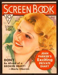 1j025 SCREEN BOOK magazine March 1936 fantastic art portrait of smiling Jean Harlow by Mozert!