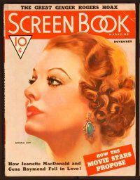 1j033 SCREEN BOOK magazine November 1936 incredible art of beautiful Myrna Loy by Mozert!