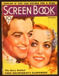1j031 SCREEN BOOK magazine September 1936 art of Joan Crawford & Robert Taylor by Mozert!