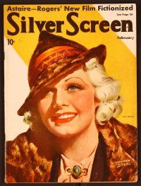 1j056 SILVER SCREEN magazine February 1936, great art portrait of Jean Harlow by Marland Stone!
