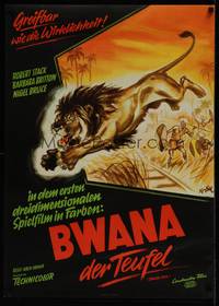 1k099 BWANA DEVIL German '53 cool 3-D art of lion jumpnig from movie screen by Klaus Dill!