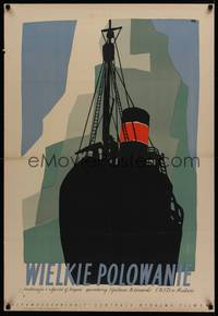 1k224 WIELKIE POLOWANIE Polish 27x38 '51 J. Kogan, cool art of glacier behind ship by Zamecznik!