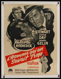 1m056 MAN WHO KNEW TOO MUCH linen French 23x32 '56 Hitchcock, Jimmy Stewart, Doris Day, different!