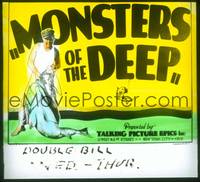1p030 MONSTERS OF THE DEEP glass slide '31 cool image of fisherman with an enormous catch!