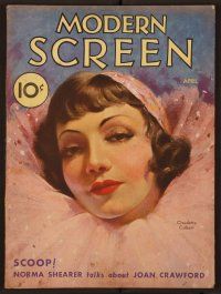 1p077 MODERN SCREEN magazine April 1933 artwork of Claudette Colbert in wild pink outfit!