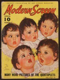 1p079 MODERN SCREEN magazine April 1936 great artwork of the Dionne Quintuplets by Earl Christy!
