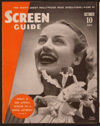 1p073 SCREEN GUIDE magazine October 1938 great close up of laughing Carole Lombard with flowers!