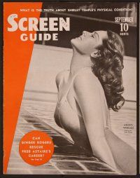 1p072 SCREEN GUIDE magazine September 1938 close up of sexy Arleen Whelan in swimming pool!