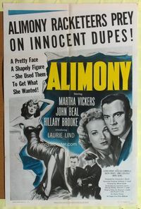 1r025 ALIMONY 1sh '49 Martha Vickers, bad girl using her face & figure to get what she wanted!