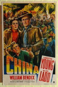1r146 CHINA style A 1sh '43 cool artwork of Loretta Young & Alan Ladd in WWII riot!