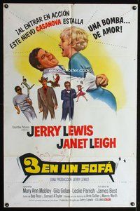 1s608 3 ON A COUCH Spanish/U.S. 1sh '66 great image of screwy Jerry Lewis squeezing sexy Janet Leigh!