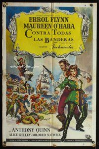 1s620 AGAINST ALL FLAGS Spanish/U.S. 1sh '52 cool Brown art of pirate Errol Flynn w/swashbuckling O'Hara!